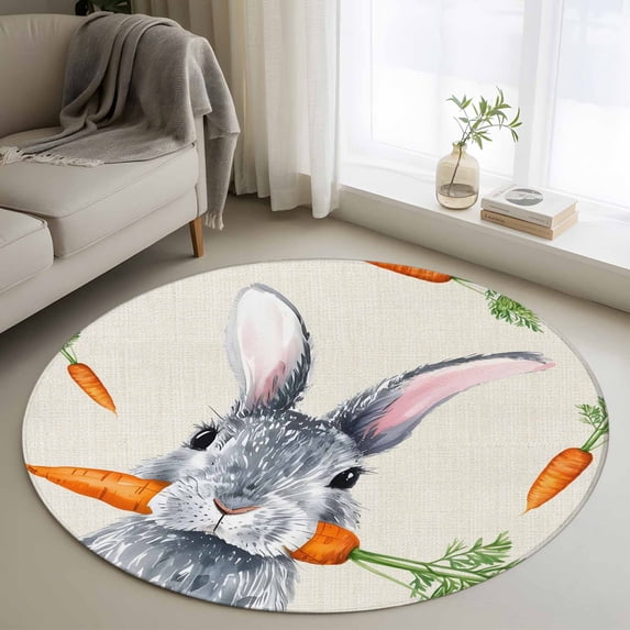 Small Round Rug 3Ft Washable Non-Slip, Grey Bunny Easter Circle Area Rugs for Living Room Bedroom, Rabbits Spring Botanical Carrots Indoor Floor Mats Carpet Runner for Home Decor
