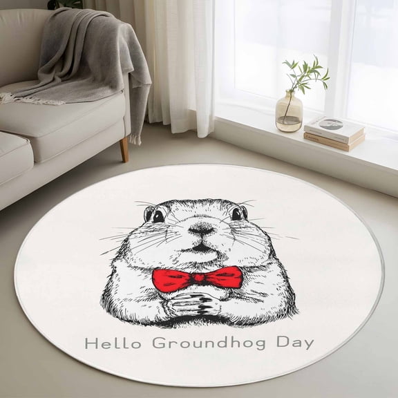 Small Round Rug 3Ft Washable Non-Slip, Groundhog Day Circle Area Rugs for Living Room Bedroom, Red Bow Knot Spring Indoor Floor Mats Carpet Runner for Home Decor