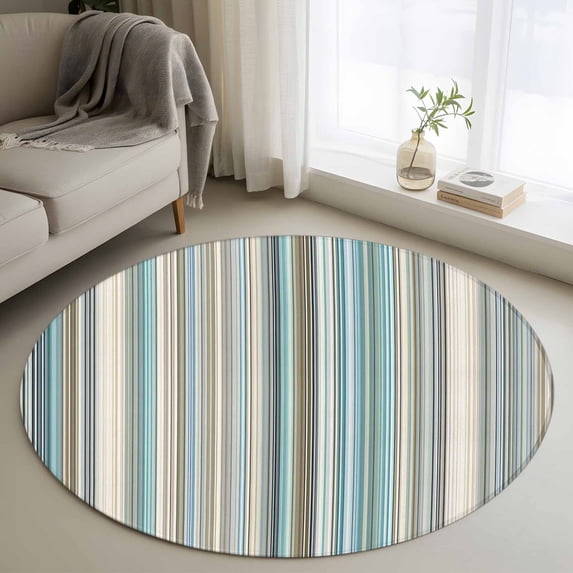 Small Round Rug 3Ft Washable Non-Slip, Light Blue Striped Circle Area Rugs for Living Room Bedroom, Farmhouse Thin Line Modern Abstract Art Indoor Floor Mats Carpet Runner for Home Decor