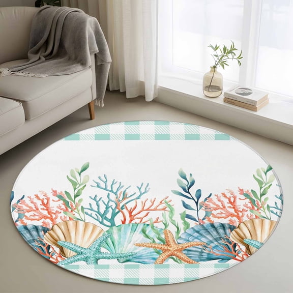Small Round Rug 3Ft Washable Non-Slip, Nautical Coastal Circle Area Rugs for Living Room Bedroom, Summer Sea Corals Shells Starfish Green Plaid Indoor Floor Mats Carpet Runner for Home Decor