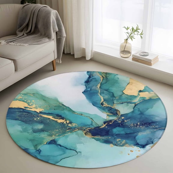 Small Round Rug 3Ft Washable Non-Slip, Ombre Turquoise Marble Circle Area Rugs for Living Room Bedroom, Modern Minimalist Art Gradient Indoor Floor Mats Carpet Runner for Home Decor