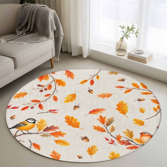 Small Round Rug 3Ft Washable Non-Slip, Orange Leaves Fall Circle Area Rugs for Living Room Bedroom, Branches Birds Pine Cones Rustic Indoor Floor Mats Carpet Runner for Home Decor