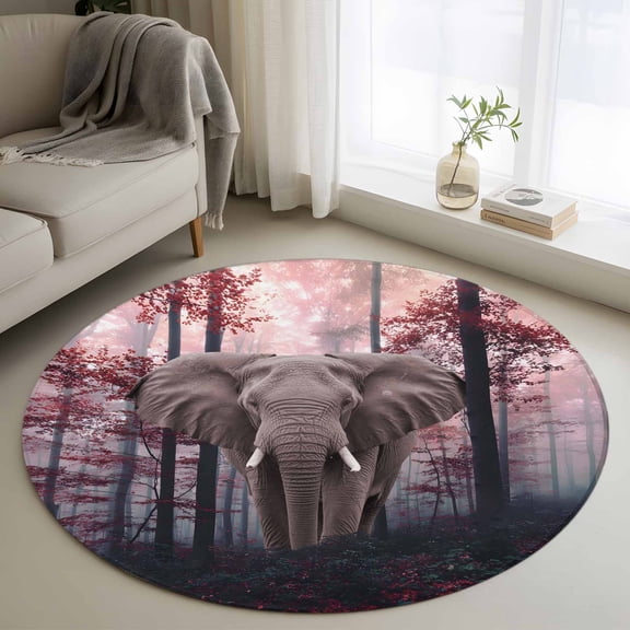 Small Round Rug 3Ft Washable Non-Slip, Orange Red Elephants Circle Area Rugs for Living Room Bedroom, Farmhouse Forest Trees Nature Indoor Floor Mats Carpet Runner for Home Decor