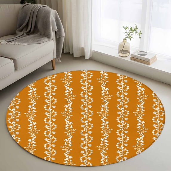 Small Round Rug 3Ft Washable Non-Slip, Orange Spring Leaves Circle Area Rugs for Living Room Bedroom, Pastoral Botanical Striped Flowers Indoor Floor Mats Carpet Runner for Home Decor