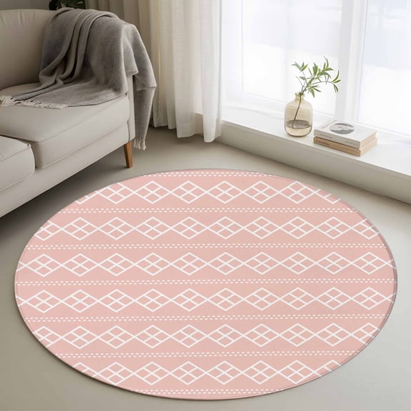 Small Round Rug 3Ft Washable Non-Slip, Pink Boho Circle Area Rugs for Living Room Bedroom, Vintage Ethnic Tribe Abstract Art Indoor Floor Mats Carpet Runner for Home Decor