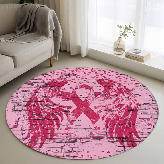 Small Round Rug 3Ft Washable Non-Slip, Pink Ribbon Circle Area Rugs for Living Room Bedroom, Wings Romantic Love Heart Flowers Retro Country Indoor Floor Mats Carpet Runner for Home Decor
