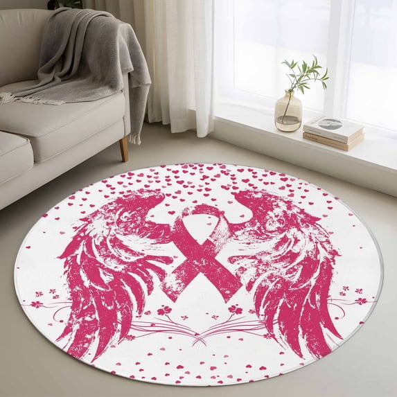 Small Round Rug 3Ft Washable Non-Slip, Pink Ribbon Circle Area Rugs for Living Room Bedroom, Wings Romantic Love Heart Flowers Vintage Indoor Floor Mats Carpet Runner for Home Decor
