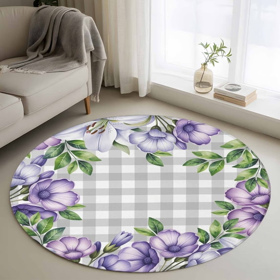 Small Round Rug 3Ft Washable Non-Slip, Purple Flowers Circle Area Rugs for Living Room Bedroom, Spring Floral Leaves Plants Gray Plaid Indoor Floor Mats Carpet Runner for Home Decor