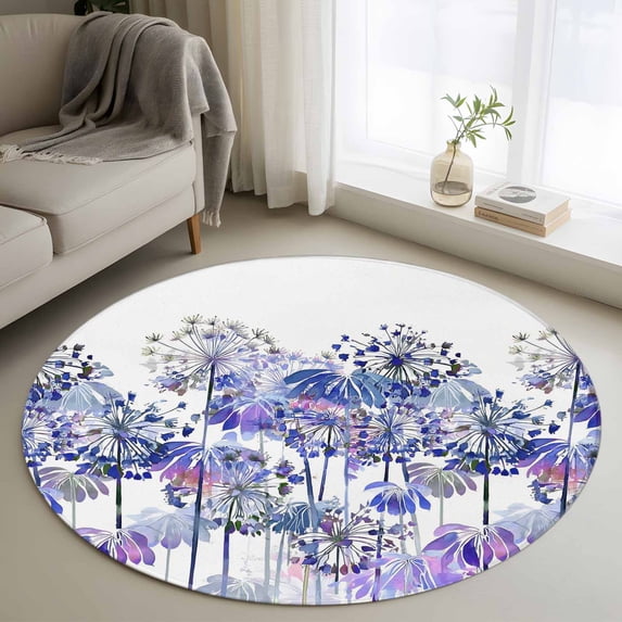 Small Round Rug 3Ft Washable Non-Slip, Purple Onion Flowers Circle Area Rugs for Living Room Bedroom, Spring Floral Dandelion Botanical Indoor Floor Mats Carpet Runner for Home Decor