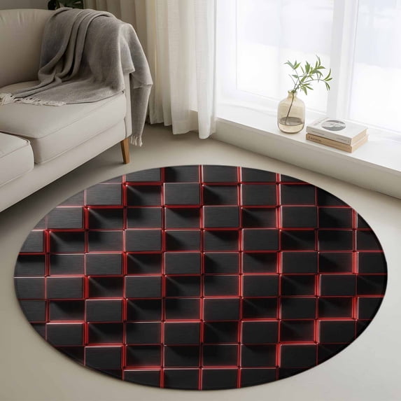 Small Round Rug 3Ft Washable Non-Slip, Red Black Cubes Circle Area Rugs for Living Room Bedroom, Modern Geometric Abstract Art Indoor Floor Mats Carpet Runner for Home Decor