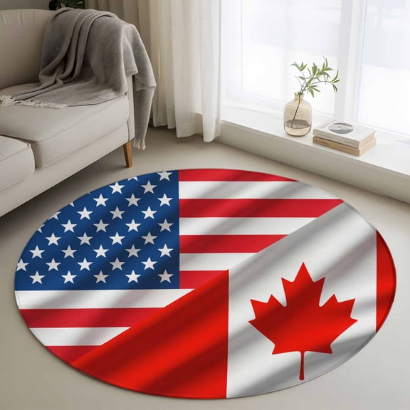 Small Round Rug 3Ft Washable Non-Slip, Red Blue American Flag Circle Area Rugs for Living Room Bedroom, Modern Maple Leaf Indoor Floor Mats Carpet Runner for Home Decor