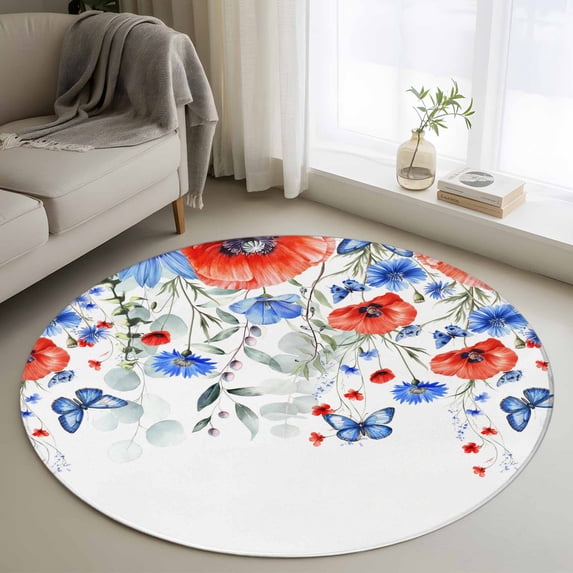 Small Round Rug 3Ft Washable Non-Slip, Red Blue Flowers Circle Area Rugs for Living Room Bedroom, Spring Floral Elegant Pastoral Watercolor Indoor Floor Mats Carpet Runner for Home Decor