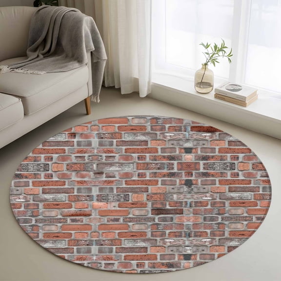 Small Round Rug 3Ft Washable Non-Slip, Red Brick Wall Circle Area Rugs for Living Room Bedroom, Vintage Farmhouse Stone Rocks Geometric Print Indoor Floor Mats Carpet Runner for Home Decor