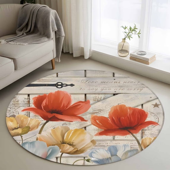 Small Round Rug 3Ft Washable Non-Slip, Retro Floral Circle Area Rugs for Living Room Bedroom, Red Yellow Tulips Barm Doors Farmhouse Wooden Indoor Floor Mats Carpet Runner for Home Decor