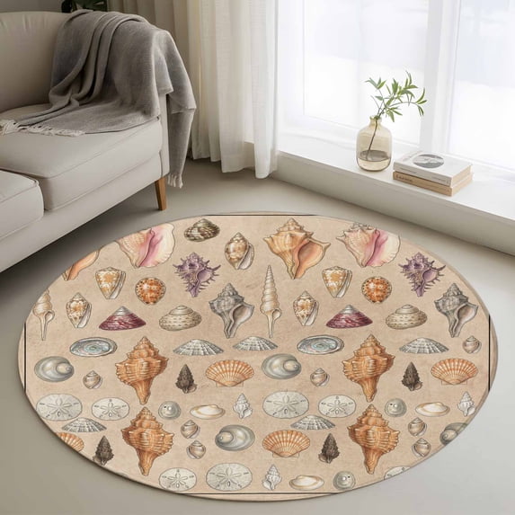 Small Round Rug 3Ft Washable Non-Slip, Retro Ocean Circle Area Rugs for Living Room Bedroom, Brown Coastal Shells Conch Underwater Indoor Floor Mats Carpet Runner for Home Decor