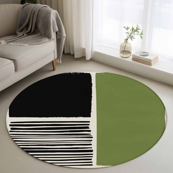 Small Round Rug 3Ft Washable Non-Slip, Sage Green Black Circle Area Rugs for Living Room Bedroom, Farmhouse Striped Modern Abstract Art Indoor Floor Mats Carpet Runner for Home Decor