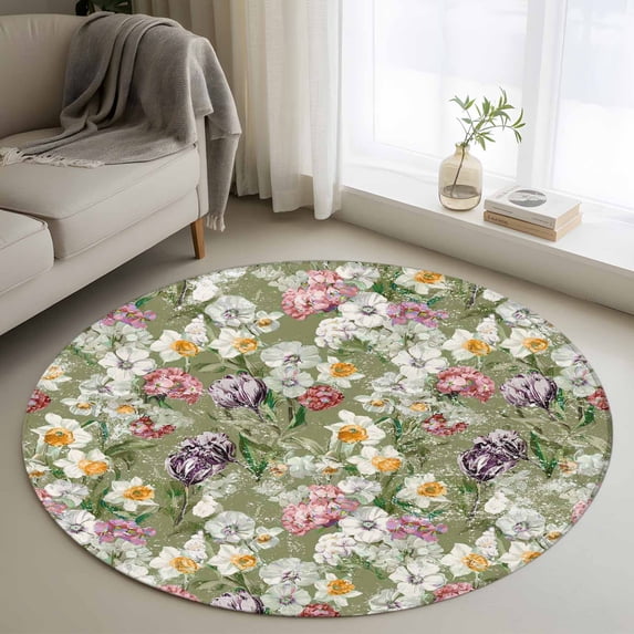 Small Round Rug 3Ft Washable Non-Slip, Sage Green Botanical Circle Area Rugs for Living Room Bedroom, Spring Floral Summer Botanical Vintage Indoor Floor Mats Carpet Runner for Home Decor