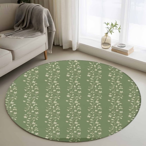 Small Round Rug 3Ft Washable Non-Slip, Sage Green Floral Circle Area Rugs for Living Room Bedroom, Spring Flowers Indoor Floor Mats Carpet Runner for Home Decor