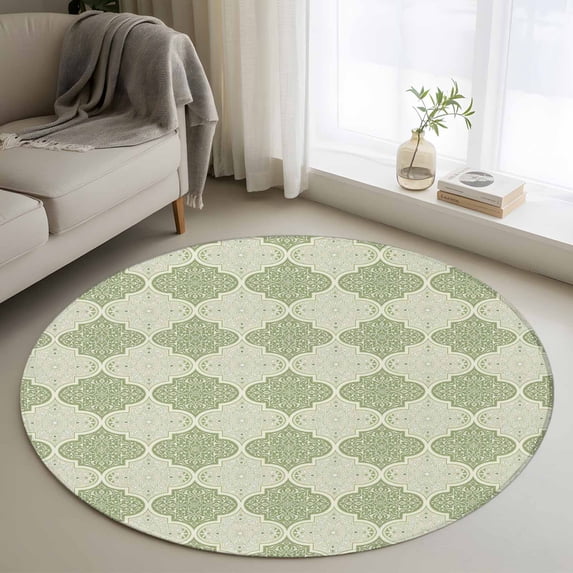 Small Round Rug 3Ft Washable Non-Slip, Sage Green Morocco Circle Area Rugs for Living Room Bedroom, Vintage Abstract Geometric Pattern Indoor Floor Mats Carpet Runner for Home Decor