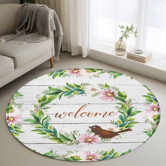 Small Round Rug 3Ft Washable Non-Slip, Spring Botanical Circle Area Rugs for Living Room Bedroom, Garden Birds Floral Leaves Gray Woodn Indoor Floor Mats Carpet Runner for Home Decor
