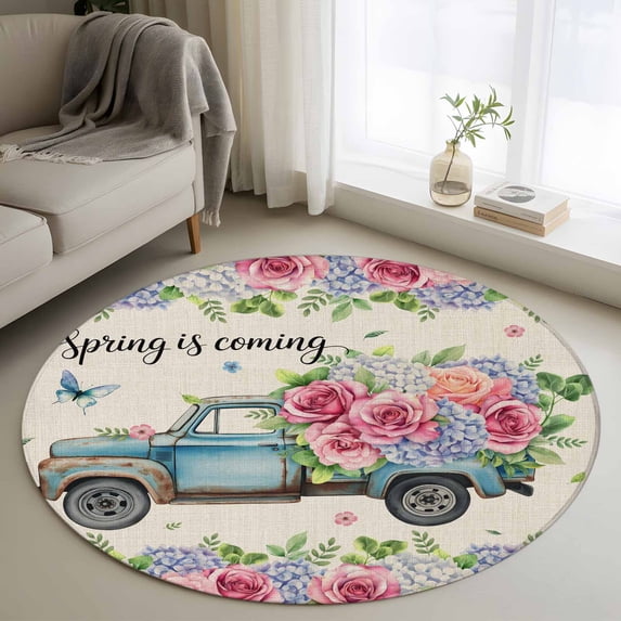Small Round Rug 3Ft Washable Non-Slip, Spring Circle Area Rugs for Living Room Bedroom, Farmhouse Retro Truck Botanical Rose Butterfly Indoor Floor Mats Carpet Runner for Home Decor