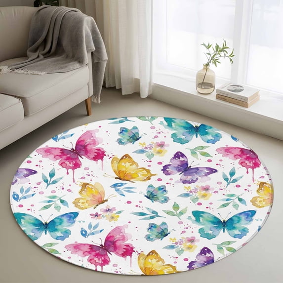 Small Round Rug 3Ft Washable Non-Slip, Spring Colorful Butterflies Circle Area Rugs for Living Room Bedroom, Spring Floral Art Decor Indoor Floor Mats Carpet Runner for Home Decor
