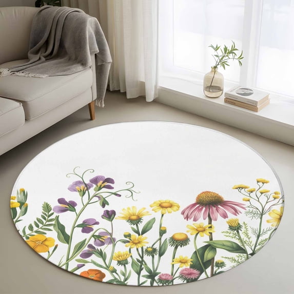 Small Round Rug 3Ft Washable Non-Slip, Spring Floral Circle Area Rugs for Living Room Bedroom, Green Yellow Botanical Elegant Pastoral Indoor Floor Mats Carpet Runner for Home Decor