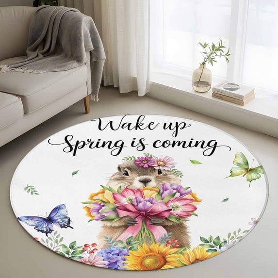 Small Round Rug 3Ft Washable Non-Slip, Spring Groundhog Circle Area Rugs for Living Room Bedroom, Watercolor Sunflower Botanical Butterfly Indoor Floor Mats Carpet Runner for Home Decor