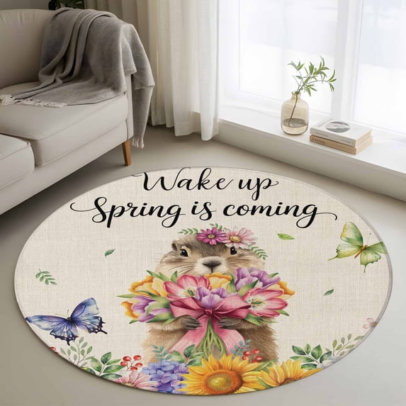 Small Round Rug 3Ft Washable Non-Slip, Spring Groundhog Circle Area Rugs for Living Room Bedroom, Watercolor Sunflower Botanical Rustic Indoor Floor Mats Carpet Runner for Home Decor