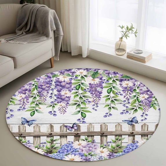 Small Round Rug 3Ft Washable Non-Slip, Spring Purple Flowers Circle Area Rugs for Living Room Bedroom, Farmhouse Leaves Fences Gray Wood Indoor Floor Mats Carpet Runner for Home Decor