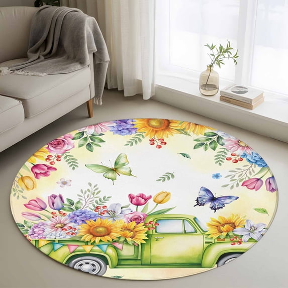 Small Round Rug 3Ft Washable Non-Slip, Spring Truck Flowers Circle Area Rugs for Living Room Bedroom, Watercolor Floral Butterflies Yellow Indoor Floor Mats Carpet Runner for Home Decor