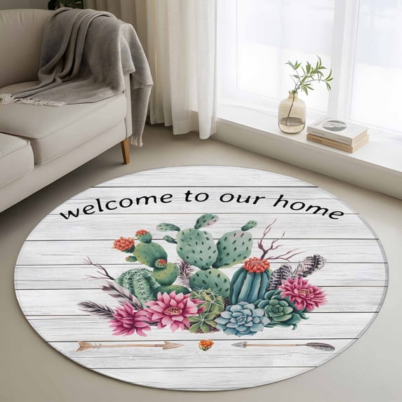 Small Round Rug 3Ft Washable Non-Slip, Summer Cactus Circle Area Rugs for Living Room Bedroom, Farmhouse Tropical Plants Wooden Grain Indoor Floor Mats Carpet Runner for Home Decor