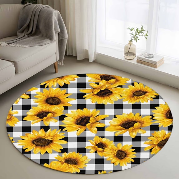 Small Round Rug 3Ft Washable Non-Slip, Sunflowers Blossom Circle Area Rugs for Living Room Bedroom, Spring Summer Garden Flowers Check Indoor Floor Mats Carpet Runner for Home Decor