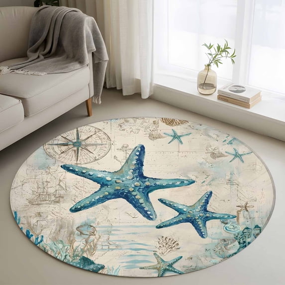 Small Round Rug 3Ft Washable Non-Slip, Teal Starfish Coastal Circle Area Rugs for Living Room Bedroom, Vintage Summer Beach Nautical Indoor Floor Mats Carpet Runner for Home Decor