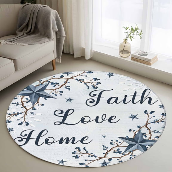 Small Round Rug 3Ft Washable Non-Slip, Texas Star Country Circle Area Rugs for Living Room Bedroom, Blue Farmhouse Branches Indoor Floor Mats Carpet Runner for Home Decor