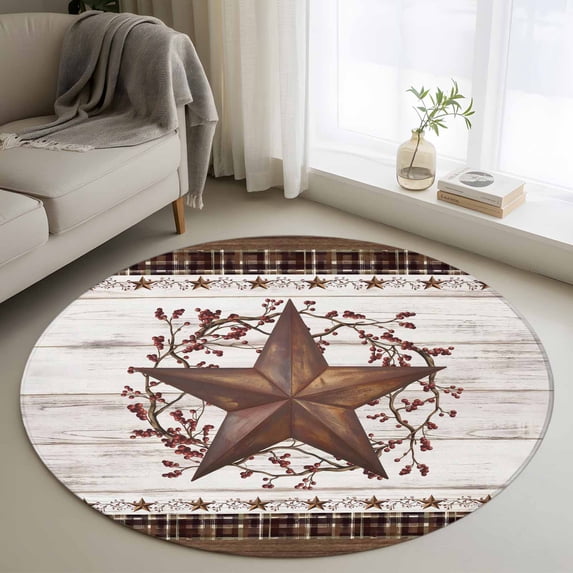 Small Round Rug 3Ft Washable Non-Slip, Texas Star Vintage Circle Area Rugs for Living Room Bedroom, Red Berry Retro Art Brown White Wooden Indoor Floor Mats Carpet Runner for Home Decor