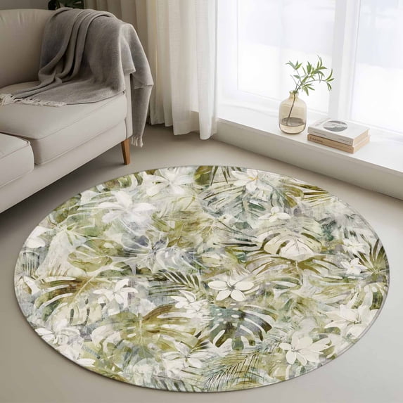 Small Round Rug 3Ft Washable Non-Slip, Tropical Leaf Circle Area Rugs for Living Room Bedroom, Palm Leaves Plants Vintage Spring Green Indoor Floor Mats Carpet Runner for Home Decor