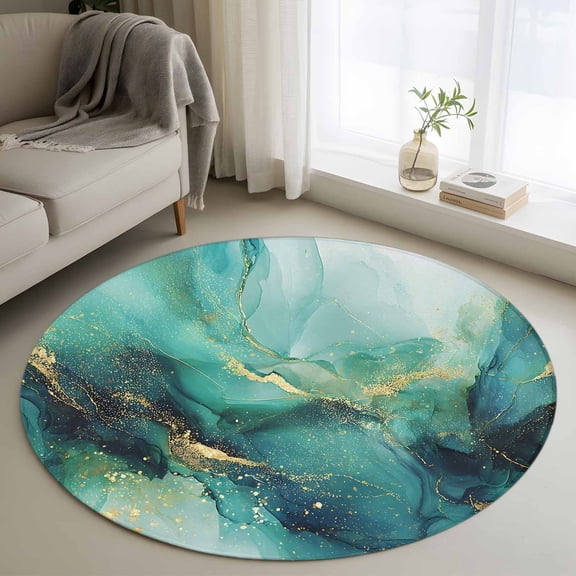 Small Round Rug 3Ft Washable Non-Slip, Turquoise Marble Circle Area Rugs for Living Room Bedroom, Ink Painting Modern Abstract Aesthetics Indoor Floor Mats Carpet Runner for Home Decor