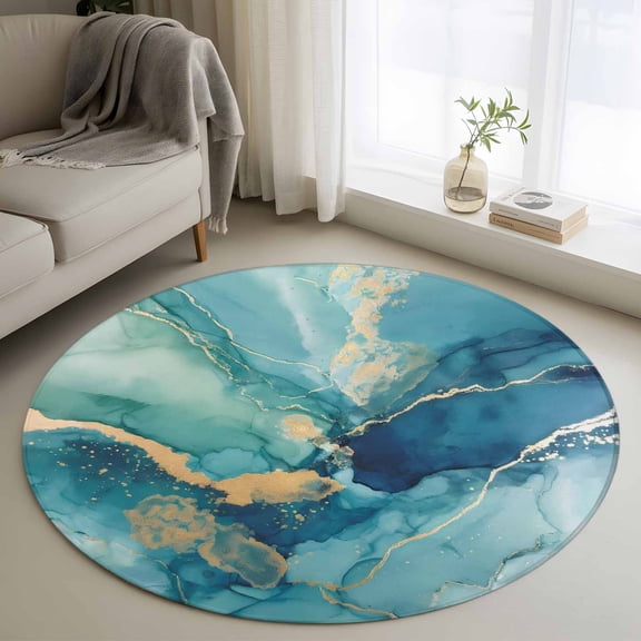 Small Round Rug 3Ft Washable Non-Slip, Turquoise Marble Circle Area Rugs for Living Room Bedroom, Modern Abstract Art Ombre Blue Indoor Floor Mats Carpet Runner for Home Decor