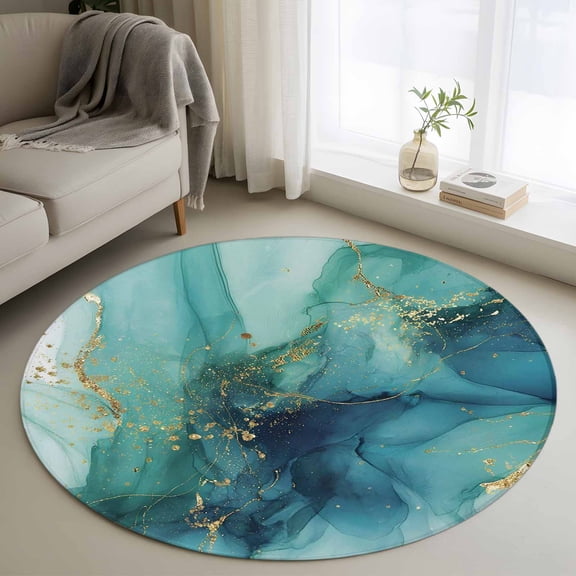 Small Round Rug 3Ft Washable Non-Slip, Turquoise Marble Circle Area Rugs for Living Room Bedroom, Modern Ink Painting Abstract Aesthetics Indoor Floor Mats Carpet Runner for Home Decor