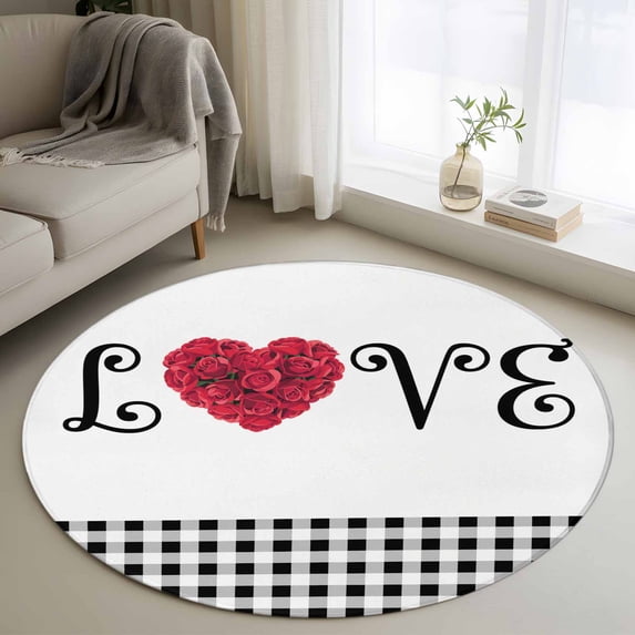 Small Round Rug 3Ft Washable Non-Slip, Valentine's Day Circle Area Rugs for Living Room Bedroom, LOVE Romantic Red Roses Black Buffalo Plaid Indoor Floor Mats Carpet Runner for Home Decor