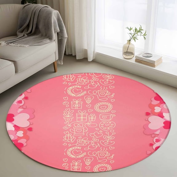 Small Round Rug 3Ft Washable Non-Slip, Valentine's Day Circle Area Rugs for Living Room Bedroom, Pink Love Paper Cuttings Romantic Indoor Floor Mats Carpet Runner for Home Decor