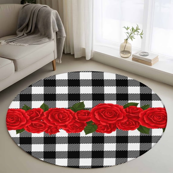 Small Round Rug 3Ft Washable Non-Slip, Valentine's Day Circle Area Rugs for Living Room Bedroom, Red Rose Flowers Buffalo Plaid Romantic Indoor Floor Mats Carpet Runner for Home Decor