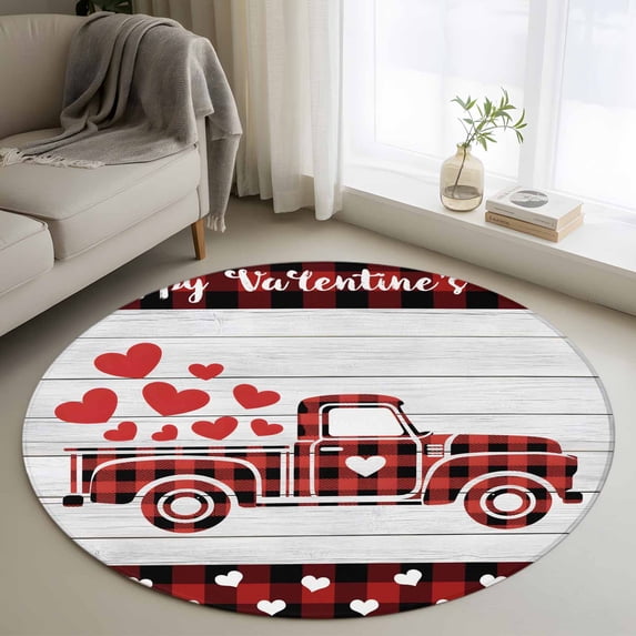 Small Round Rug 3Ft Washable Non-Slip, Valentine's Day Circle Area Rugs for Living Room Bedroom, Romantic Truck Love Wood Red Plaid Indoor Floor Mats Carpet Runner for Home Decor