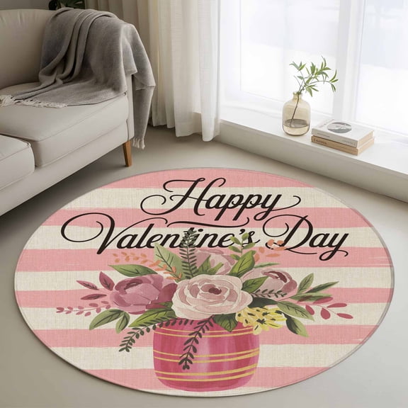 Small Round Rug 3Ft Washable Non-Slip, Valentine's Day Circle Area Rugs for Living Room Bedroom, Roses Flowers Pink Stripes Country Beige Indoor Floor Mats Carpet Runner for Home Decor