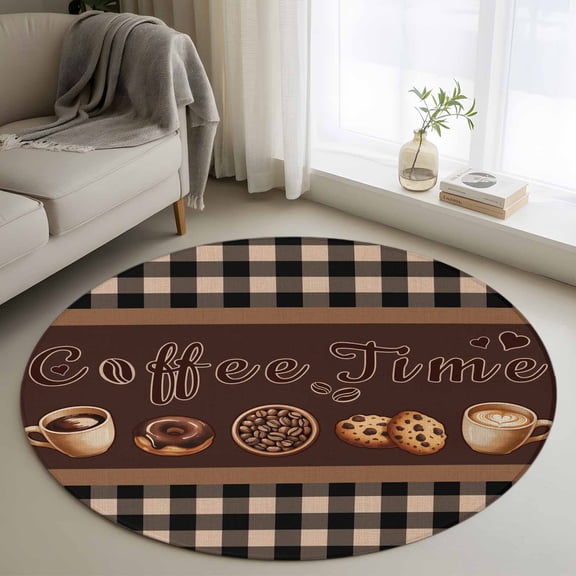 Small Round Rug 3Ft Washable Non-Slip, Vintage Coffee Time Circle Area Rugs for Living Room Bedroom, Farmhouse Desserts Black White Plaid Indoor Floor Mats Carpet Runner for Home Decor