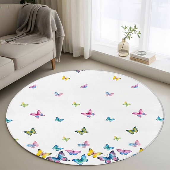 Small Round Rug 3Ft Washable Non-Slip, Vintage Colorful Butterfly Circle Area Rugs for Living Room Bedroom, Watercolor Butterflies Farmhouse Indoor Floor Mats Carpet Runner for Home Decor