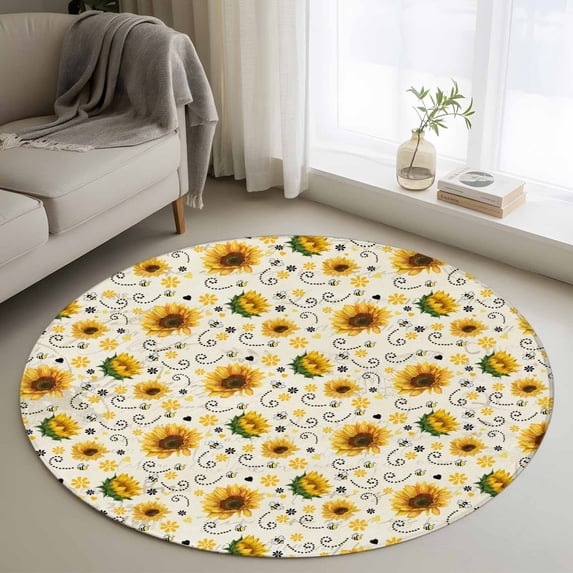 Small Round Rug 3Ft Washable Non-Slip, Vintage Sunflower Circle Area Rugs for Living Room Bedroom, Summer Botanical Farmhouse Floral Indoor Floor Mats Carpet Runner for Home Decor