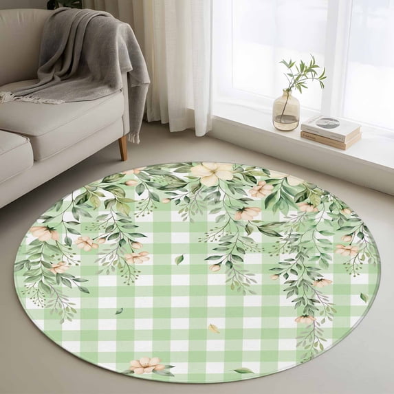 Small Round Rug 3Ft Washable Non-Slip, Watercolor Floral Circle Area Rugs for Living Room Bedroom, Spring Flowers Leaves Botanical Green Plaid Indoor Floor Mats Carpet Runner for Home Decor
