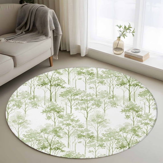 Small Round Rug 3Ft Washable Non-Slip, Watercolor Forest Sage Green Circle Area Rugs for Living Room Bedroom, Abstract Art Modern Trees Indoor Floor Mats Carpet Runner for Home Decor